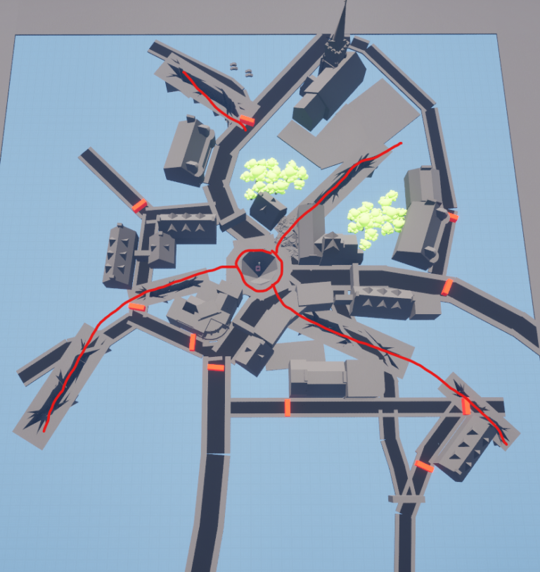 Taking fissures of the earthquake into consideration. I made sure to align most of them with the large pit in the center where the boss will appear, adding some sense and depth to the fissures around town.