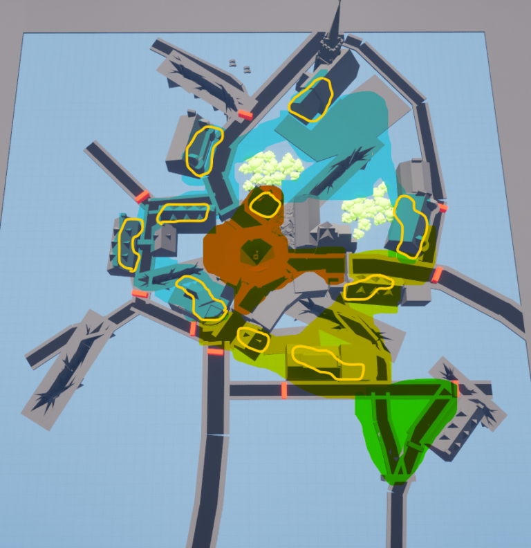 Highlighting the possible buildings that would have an interior (in yellow), allowing me to have an idea of layout and pacing.