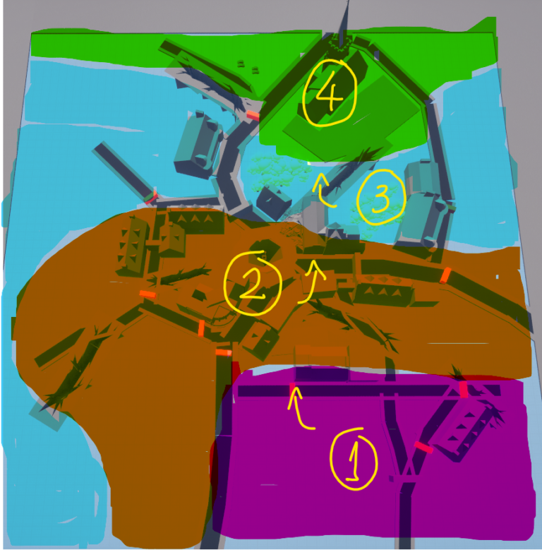 A description of how the Terrain elevation would look like, with the lower area being "1" and the higher area being "4". Using it to add verticality and composition, like the church usually being built on elevated areas in the real world.
