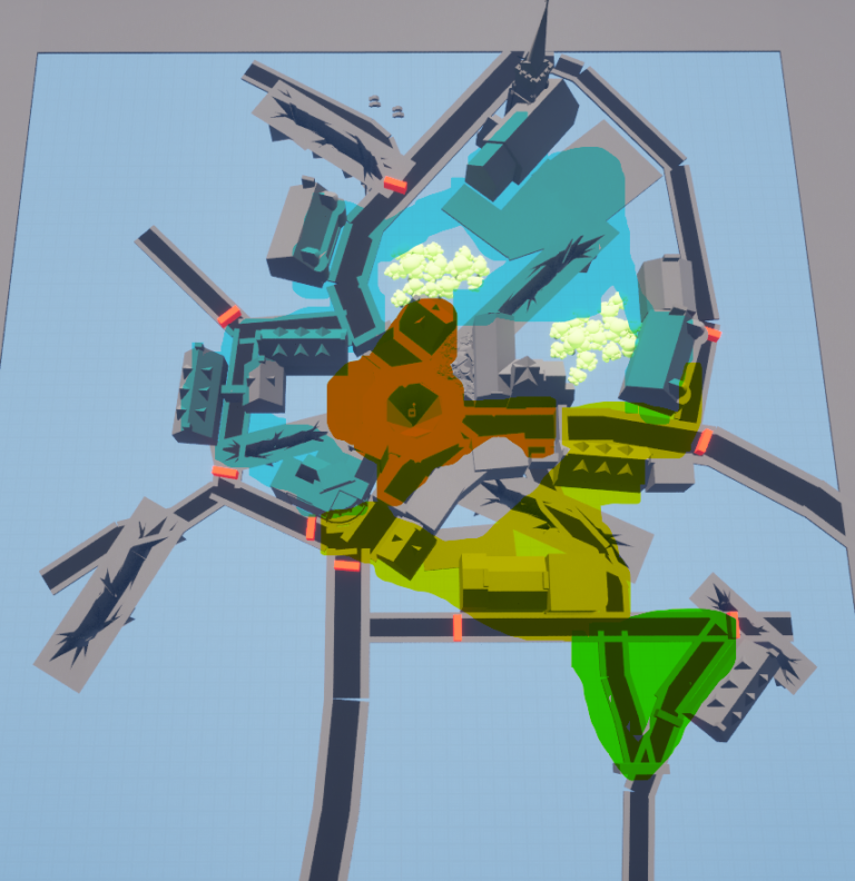 An overview of how the Zones of the town would be, starting in the Outer Zone (green) and making its way towards the center (orange).